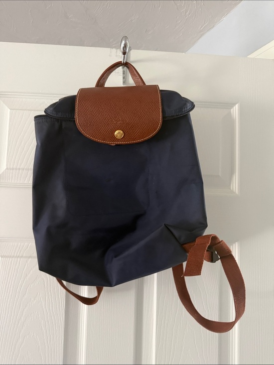 Longchamp Handbags - Longchamp Navy and Brown Le Pliage Small Backpack